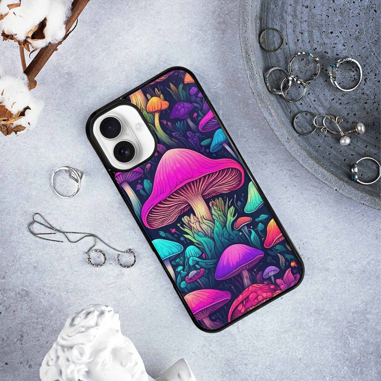 iPhone 16 Plus Case — Mushroom Psychedelic Art Seamless Pattern Vibrant, Personalized Phone Case