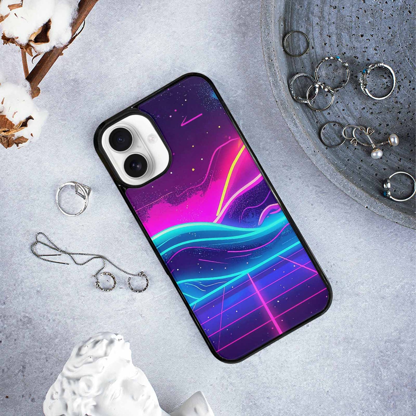 iPhone 16 Plus Case — 1980s Neon Cartoon Art Pattern, Personalized Phone Case