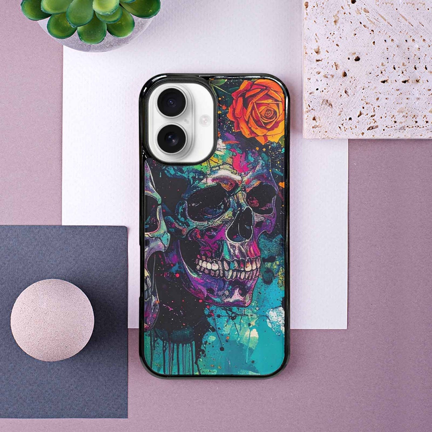 iPhone 16 Case — Skulls Roses Acid Wash, Custom Printed Phone Case