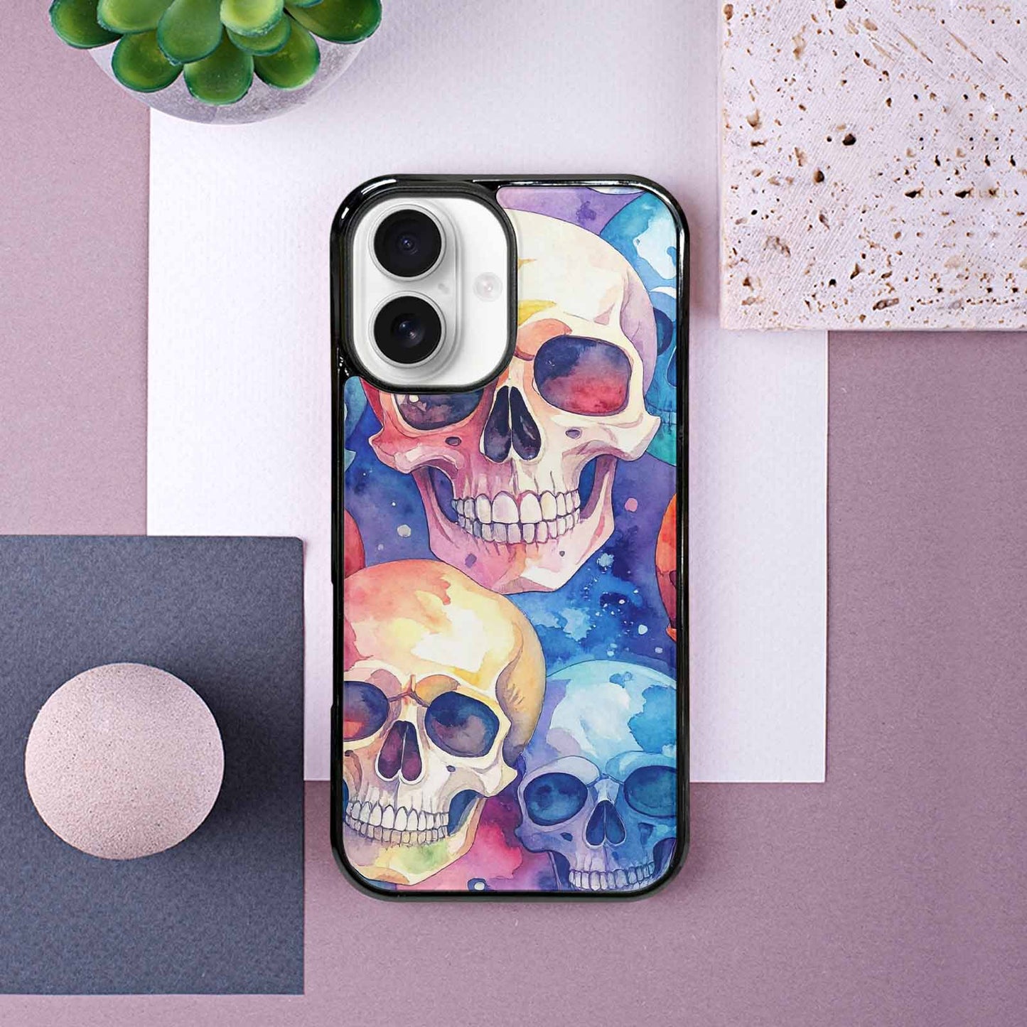iPhone 16 Case — Kulls Watercolor Skulls Small Skull Pattern, Custom Phone Case