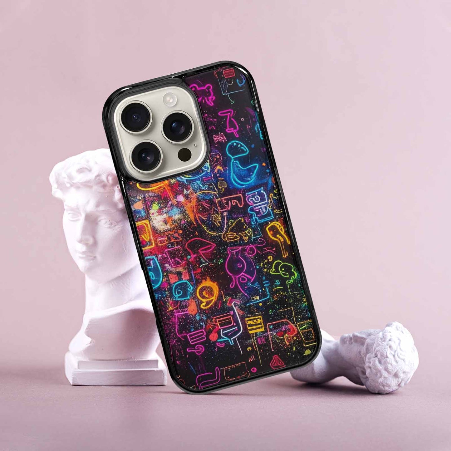 iPhone 16 Pro Case — Neon Glow Outline Icon Pattern Hundreds, Custom Printed Phone Case