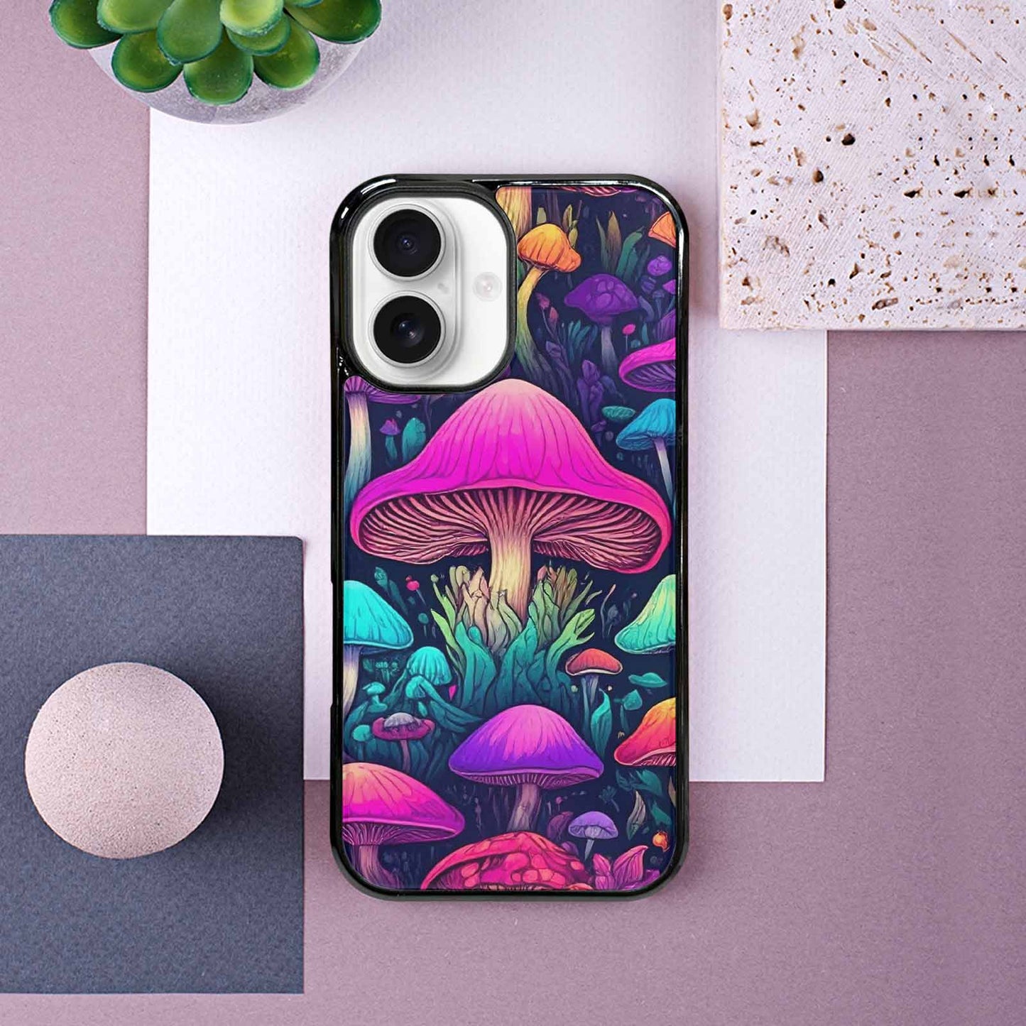 iPhone 16 Case — Mushroom Psychedelic Art Seamless Pattern Vibrant, Custom Designed Case Cover