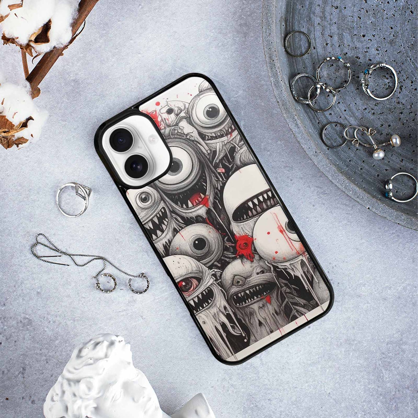 iPhone 16 Plus Case — Multi Eye Monster Black Red Ink, Personalized Phone Case