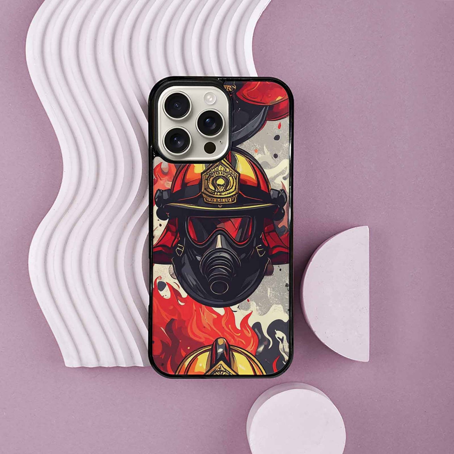 iPhone 16 Pro Max Case — Firefighter Pattern Flames Axes Helmets Seamless, Custom Made Phone Cover