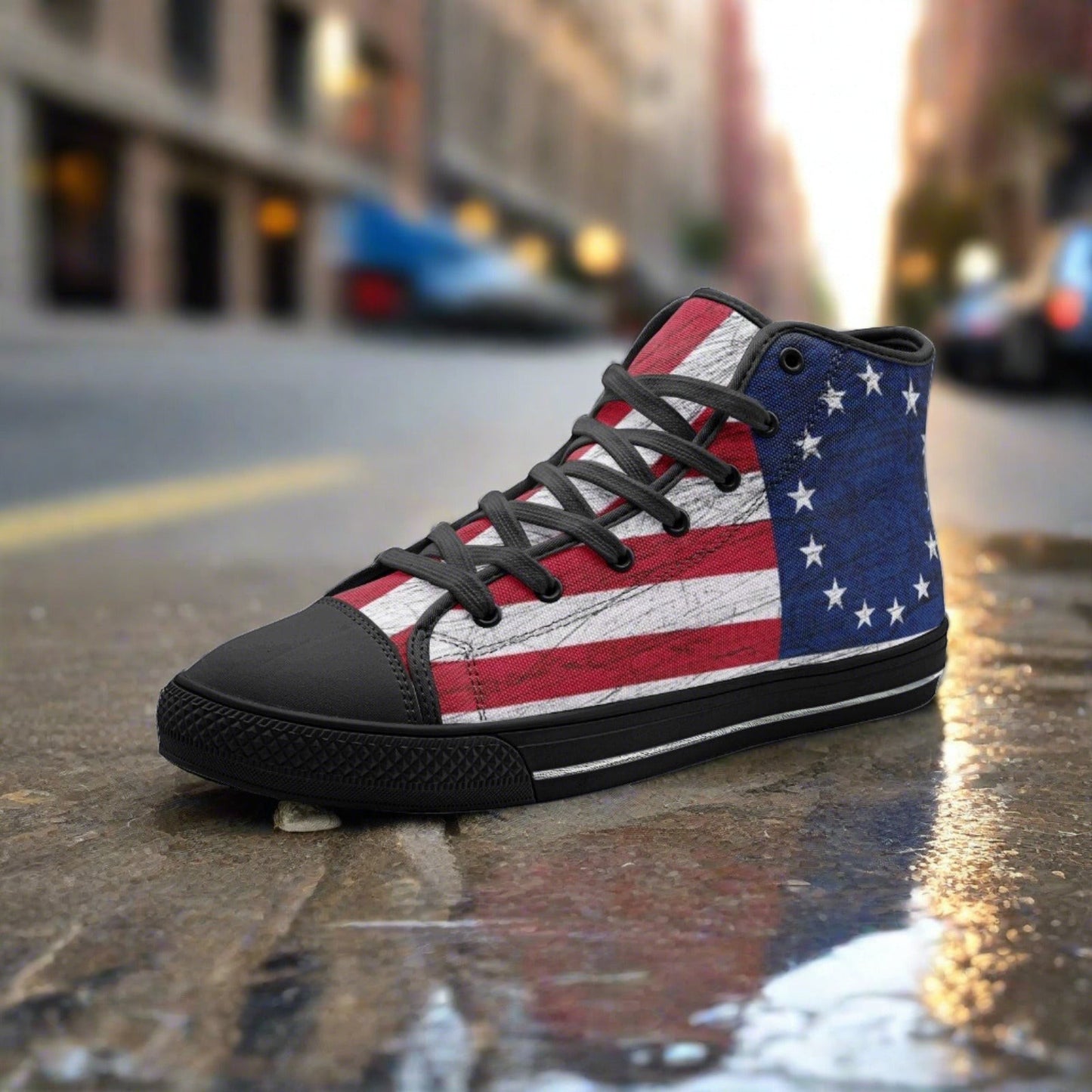 Custom Betsy Ross Flag high-top canvas shoes with bold all-over art — Freaky Shoes