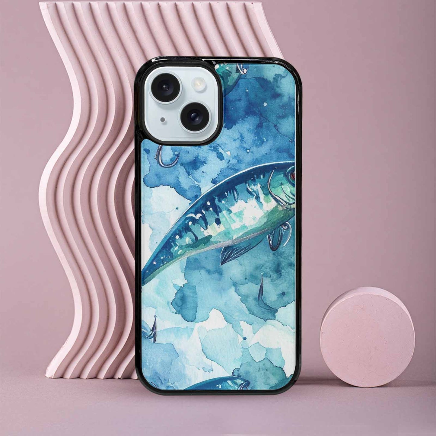 iPhone 15 Case — Fishing Lure And Hook Pattern Seamless, Original Design Phone Case