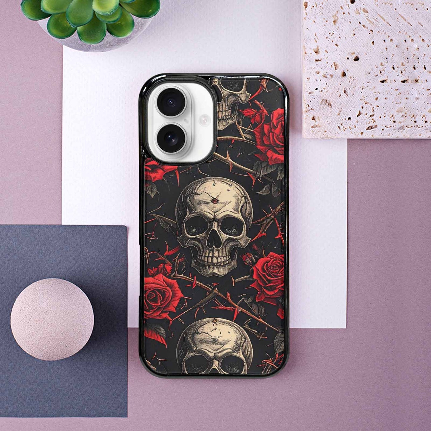 iPhone 16 Case — Gothic Skulls Roses, Unique Phone Case Design