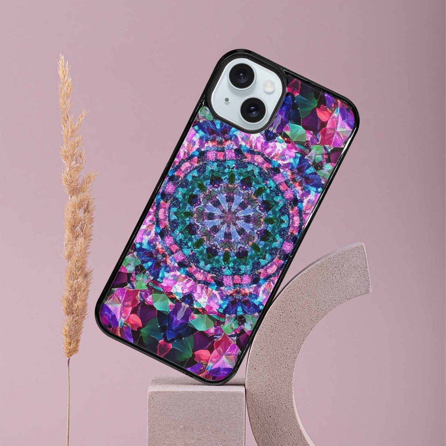iPhone 15 Plus Case — Crystal Mandala Art Seamless Pattern Vibrant, Custom Printed Phone Case