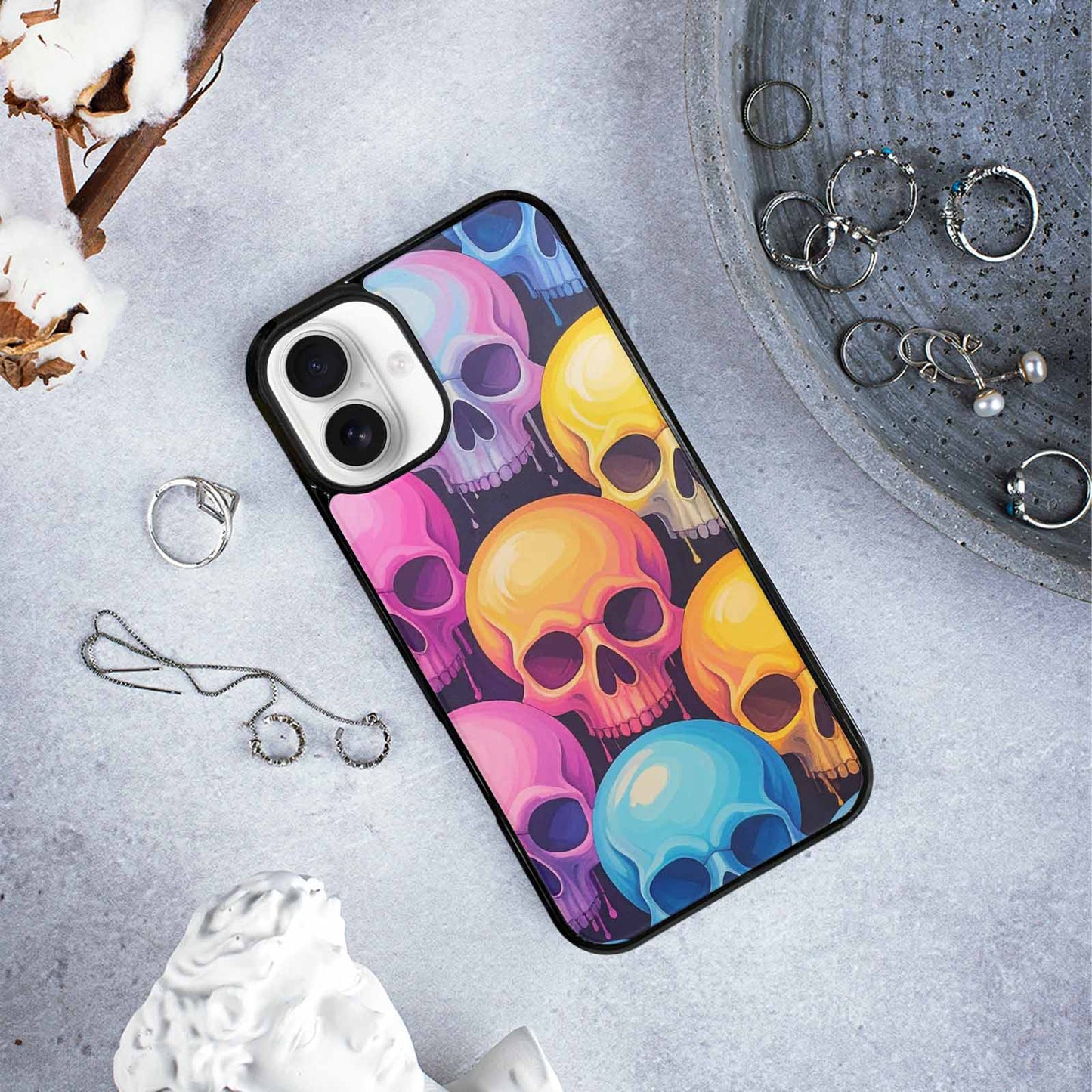 iPhone 16 Plus Case — Dripping Candy Skulls, Custom Art Phone Cover