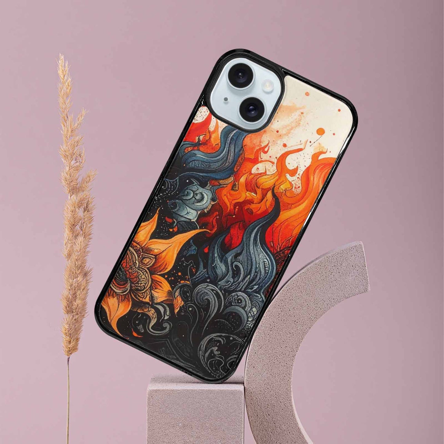 iPhone 15 Plus Case — Flame Burst Black Red Ink Flame, Custom Art Phone Cover