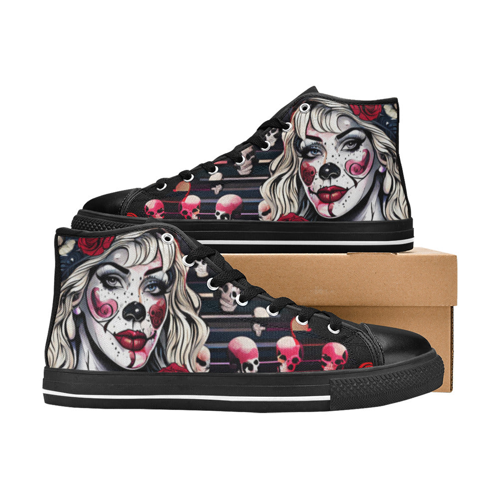 WOMEN'S Clown Woman Wearing Baseball High Top Canvas Dreamcore Custom Shoes