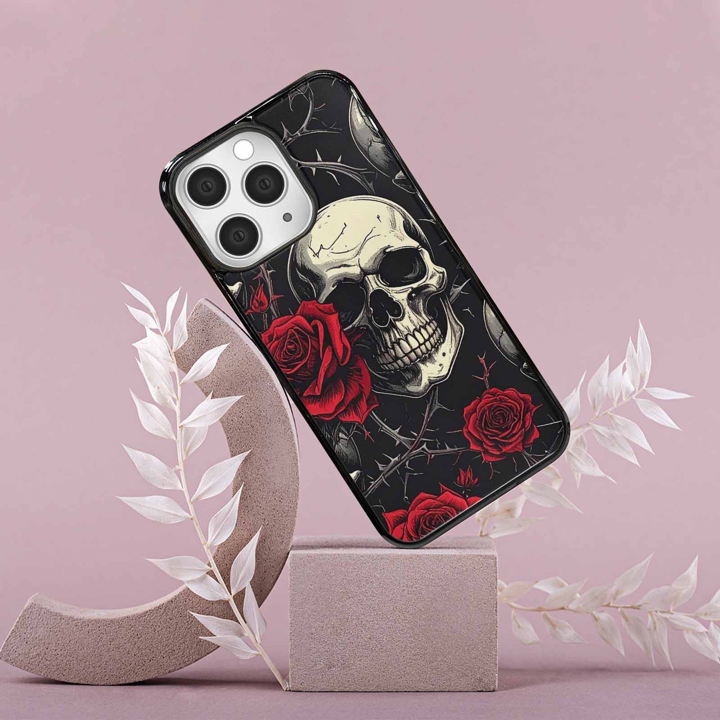 iPhone 15 Pro Max Case — Ornate Gothic Skulls Roses, Personalized Phone Case