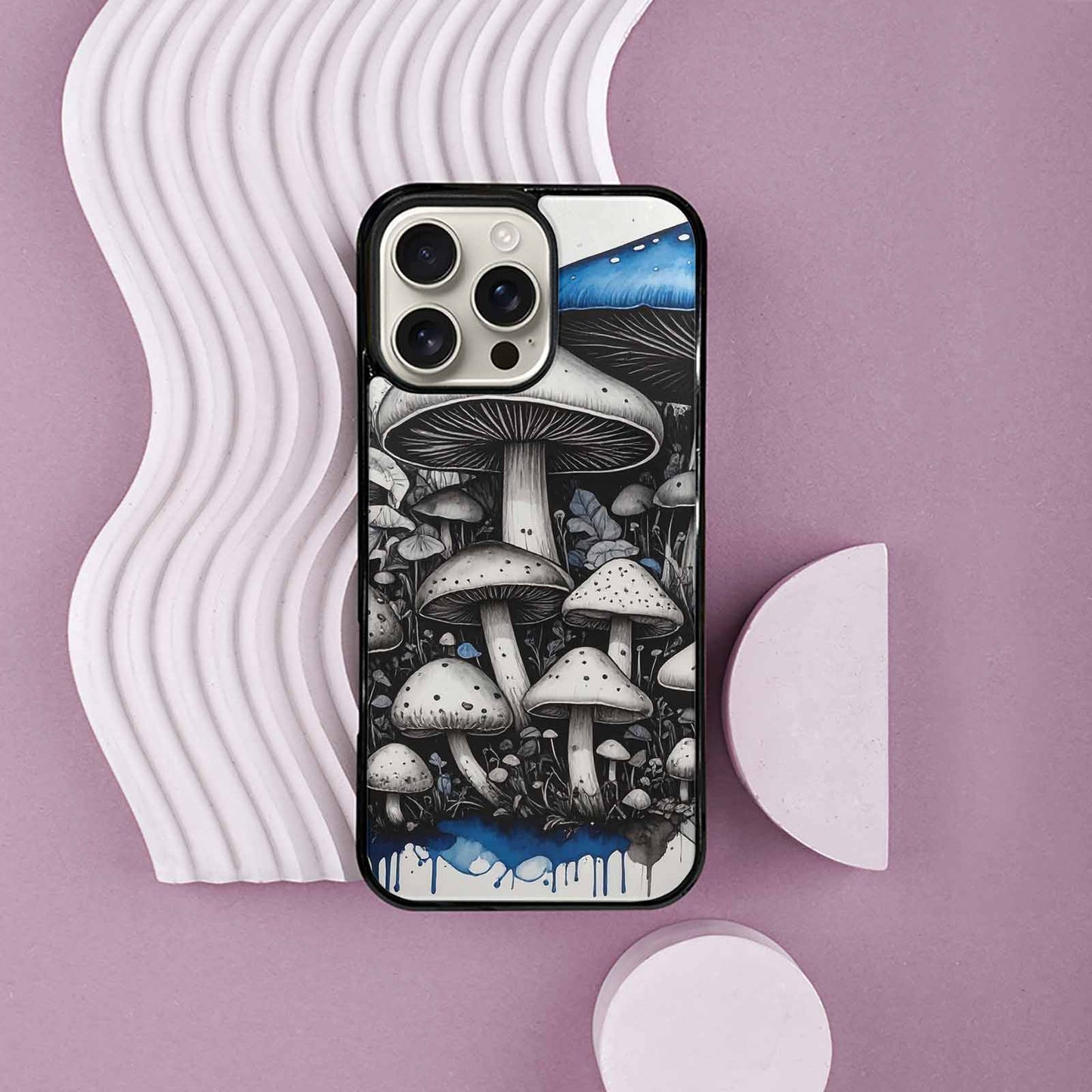 iPhone 16 Pro Max Case — Mushrooms General Black Blue Ink Mushrooms, Unique Phone Case Design