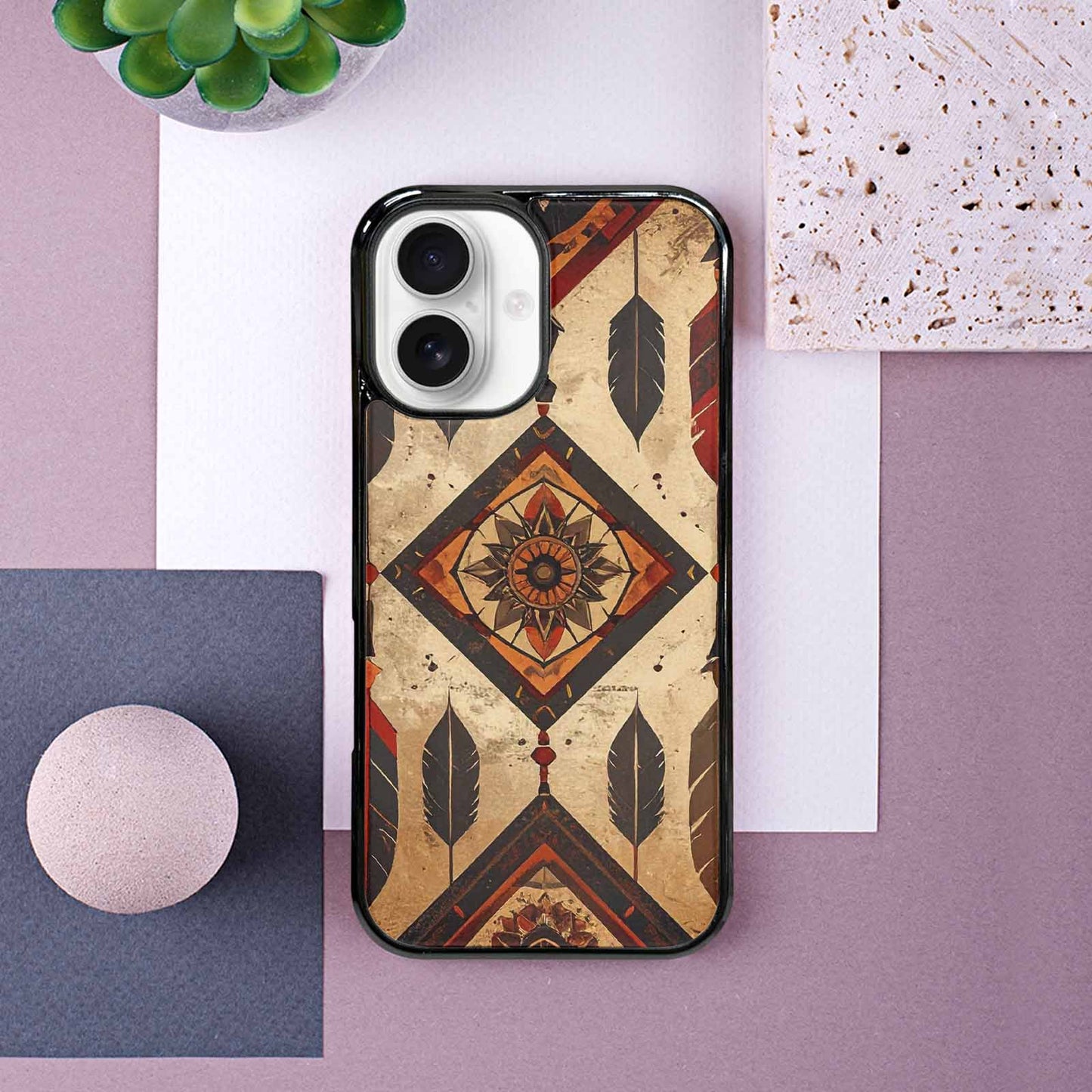 iPhone 16 Case — Native American Geometric Pattern Arrows Feathers, Custom Print Case Cover