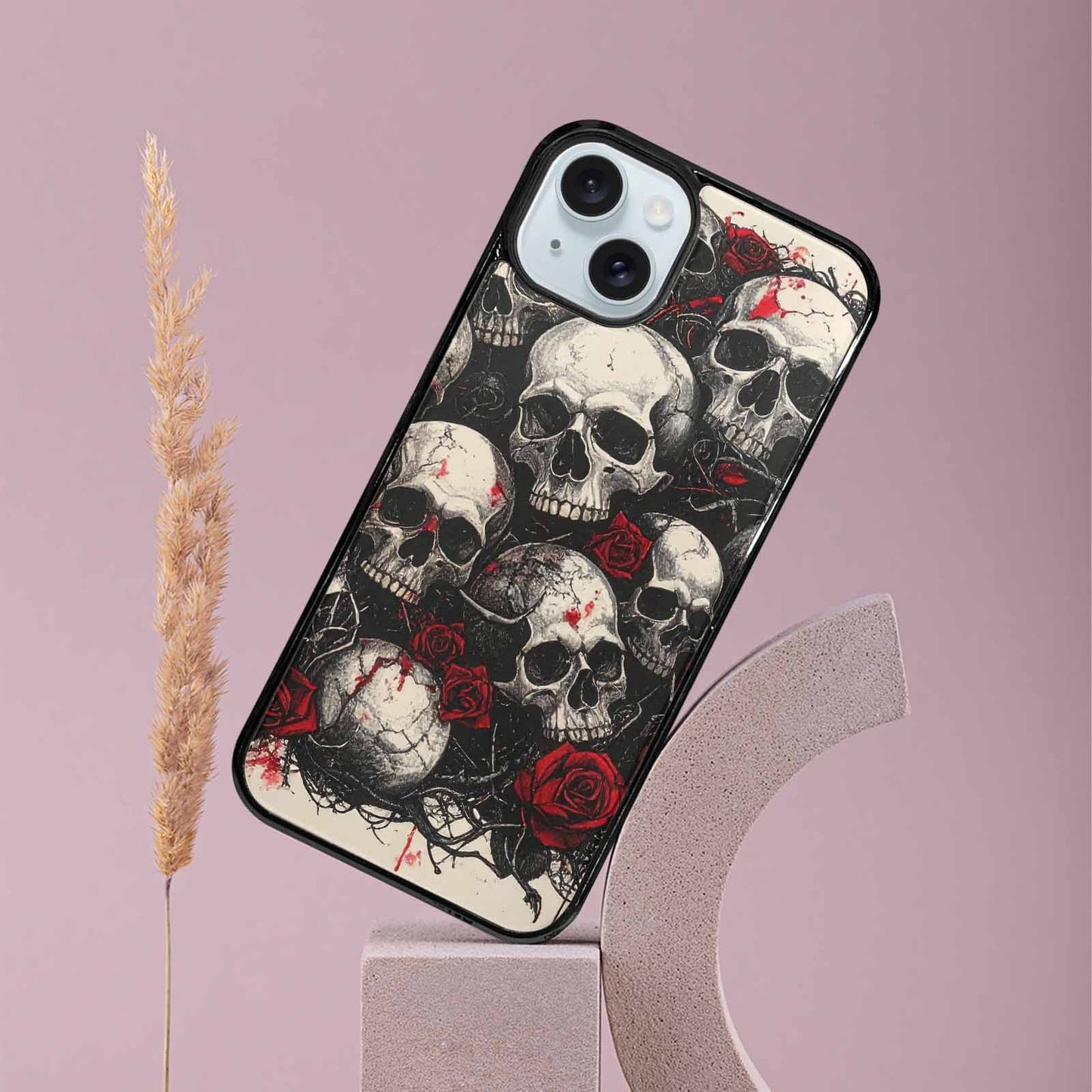 iPhone 15 Plus Case — Skull And Roses Black Red Ink, Custom Made Phone Cover