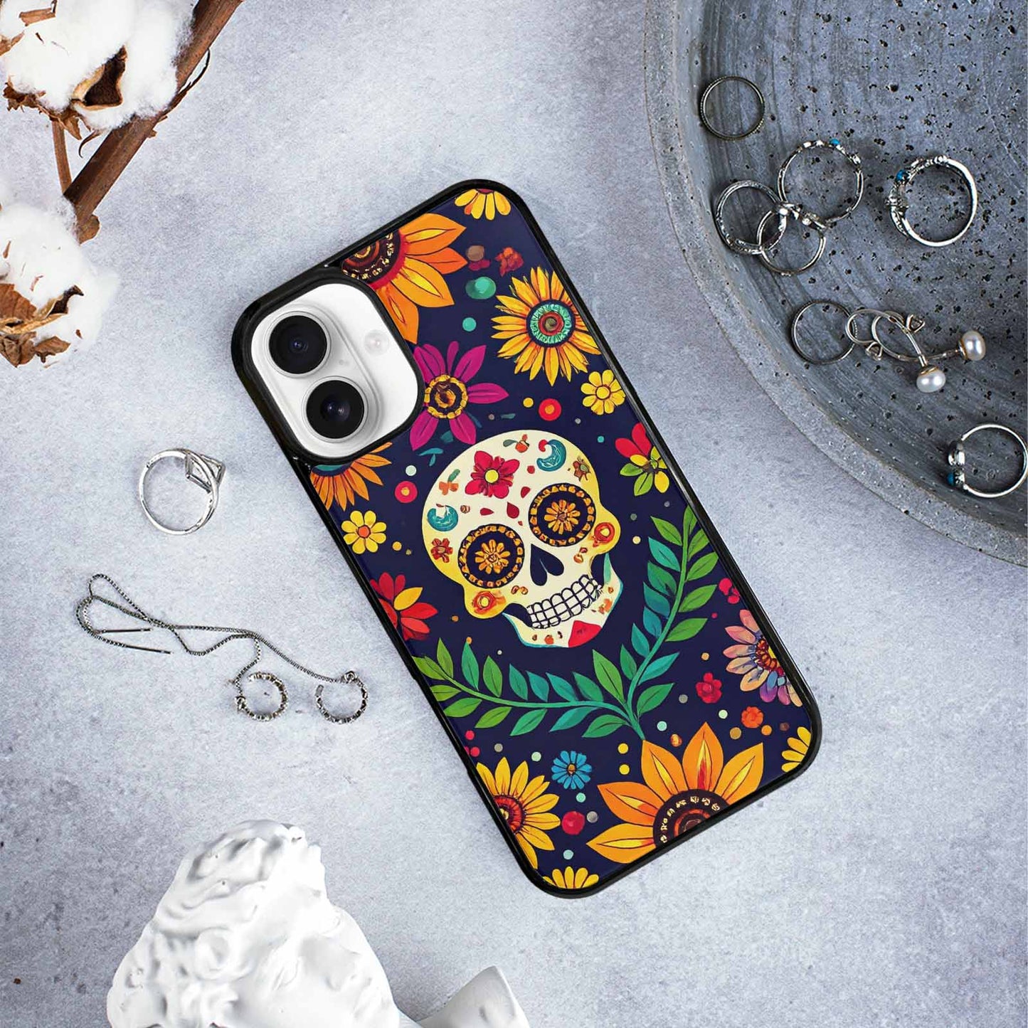 iPhone 16 Plus Case — Sunflowers And Skulls, Custom Art Phone Cover