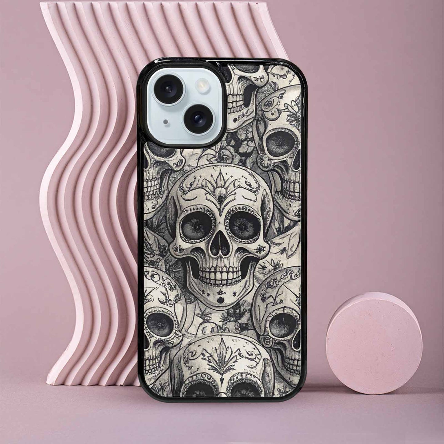 iPhone 15 Case — Intricately Detailed Sugar Skulls In Black, Custom Print Case Cover