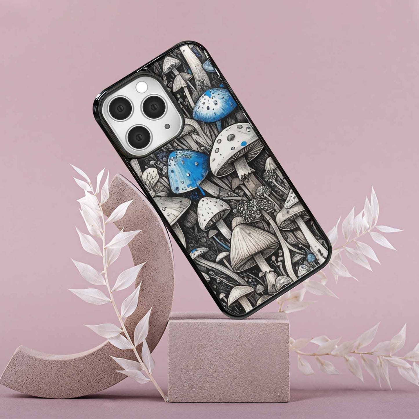 iPhone 15 Pro Max Case — Mushrooms General Black Blue Ink Mushrooms, Custom Made Phone Cover