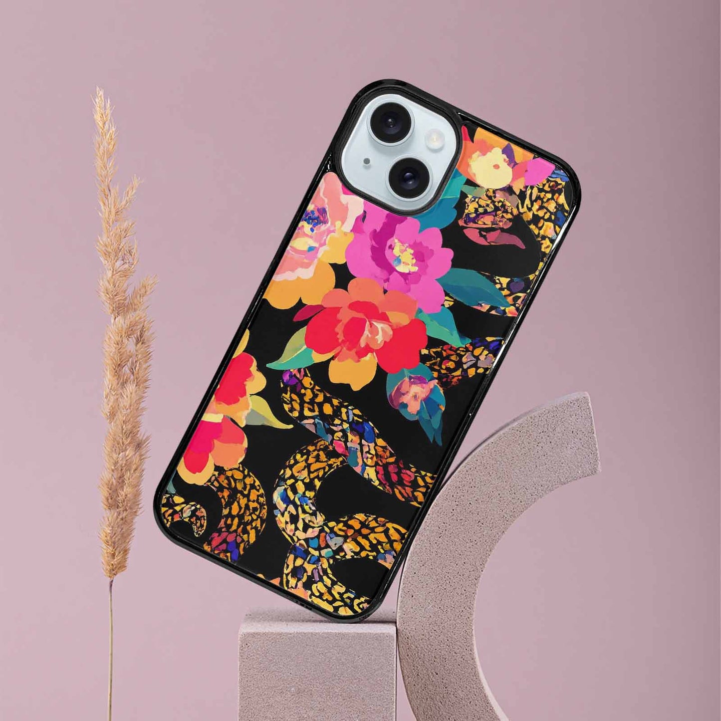 iPhone 15 Plus Case — Floral Snake Print, Custom Phone Case