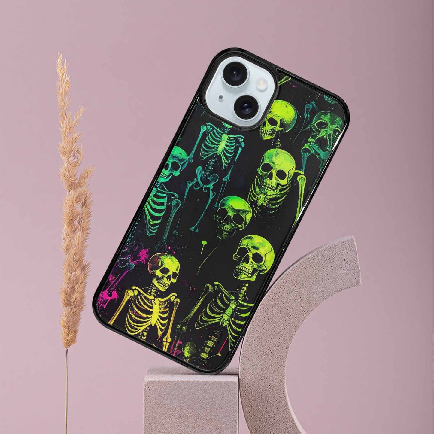 iPhone 15 Plus Case — Skeletons Neon Green Glowskele, Unique Phone Case Design