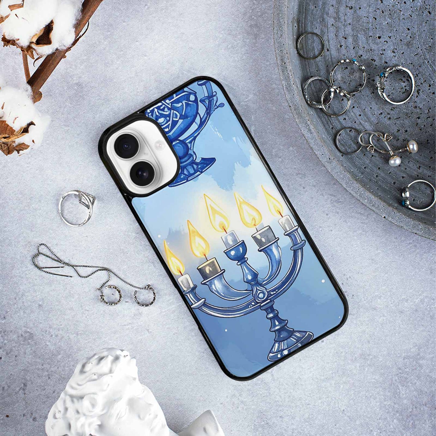iPhone 16 Plus Case — Hanukkah Menorah Pattern Seamless Repeat Jewish, Custom Phone Case