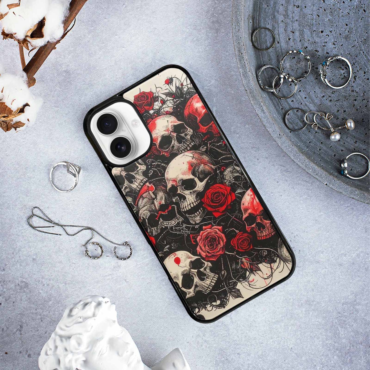 iPhone 16 Plus Case — Skull And Roses Black Red Ink, Custom Designed Case Cover