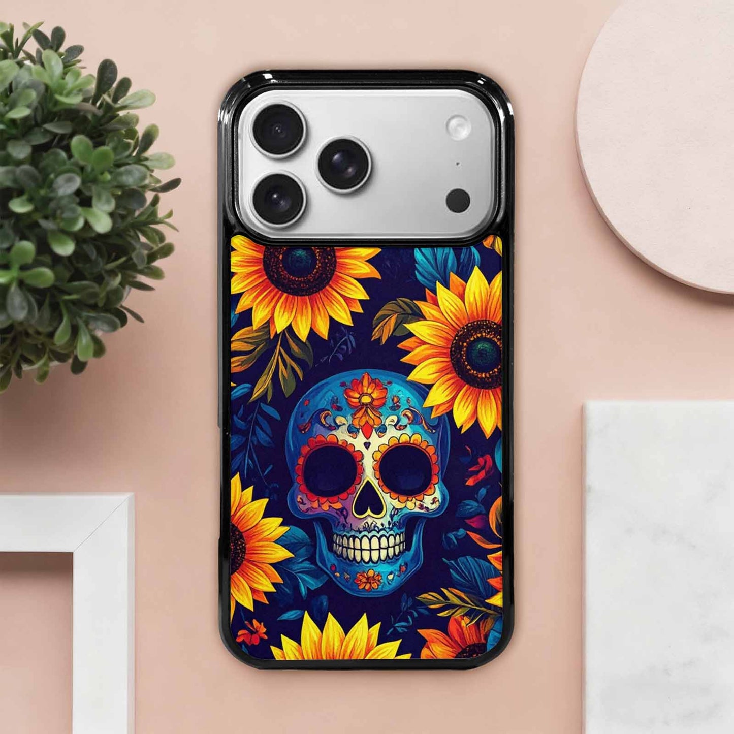 iPhone 17 Pro Max Case — Sunflowers Skulls Art Seamless Gothic Skulls, Custom Art Phone Cover