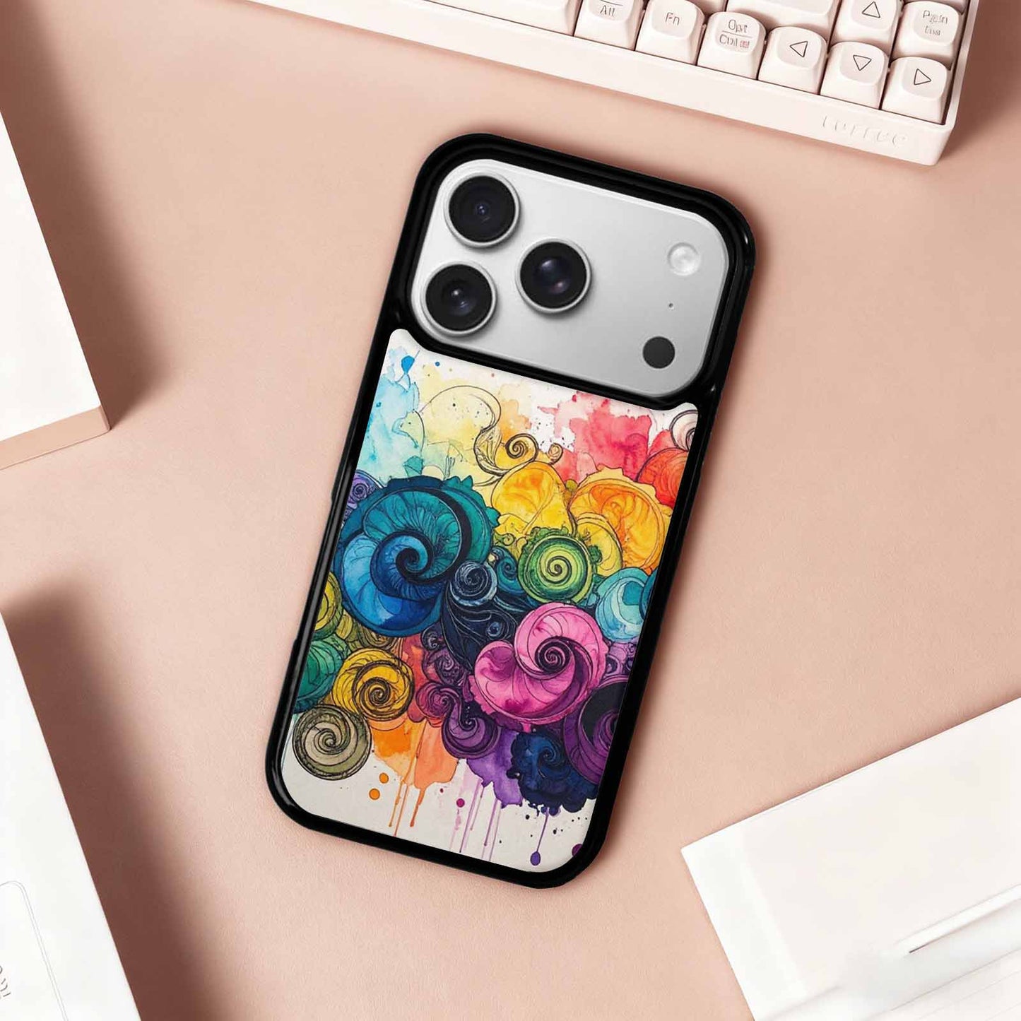 iPhone 17 Pro Case — Tie Dye Swirls Black Blue Tie, Custom Printed Phone Case