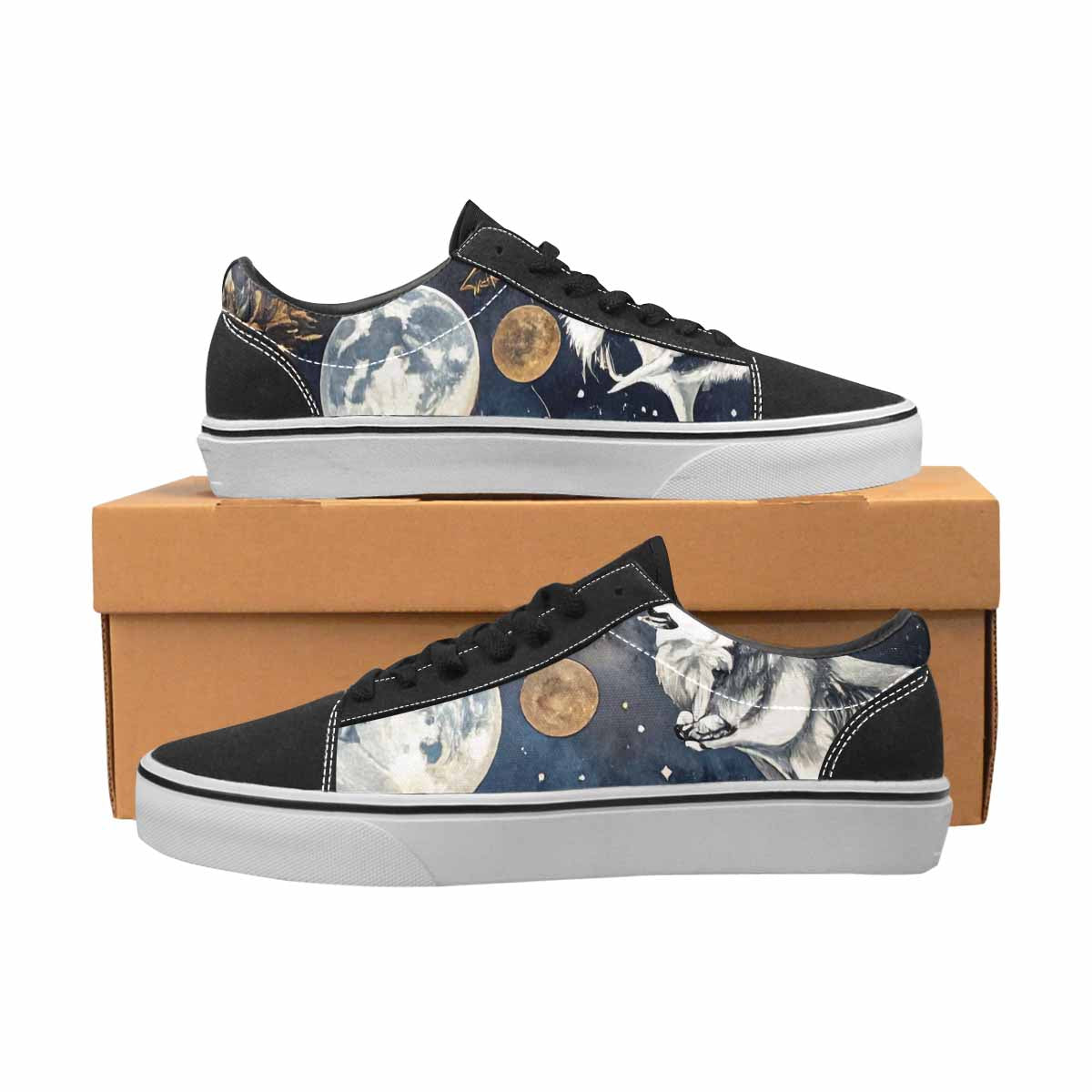 WOMEN'S Wolf Silhouette Moon Canvas Lace-Up Surreal Custom Sneakers