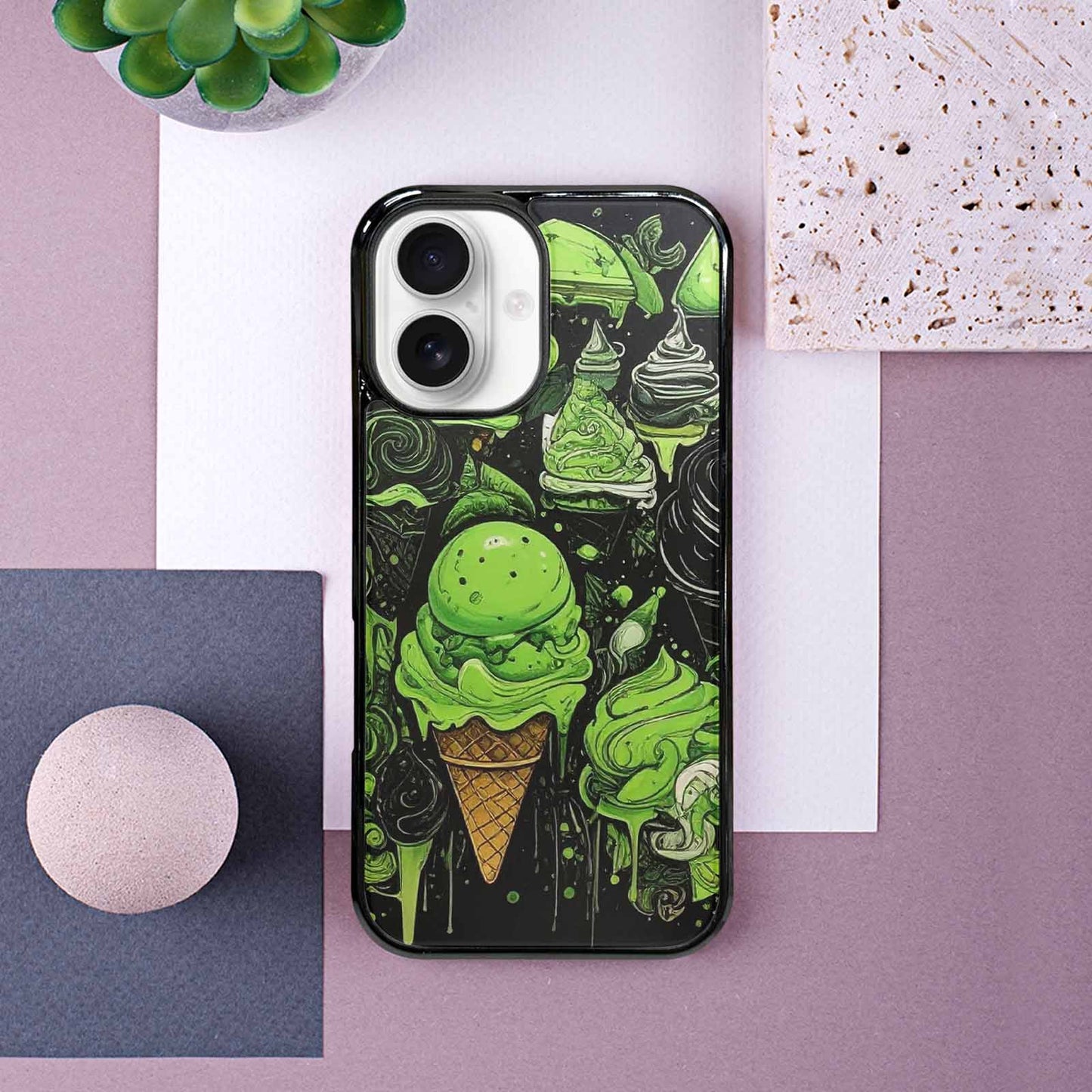 iPhone 16 Case — Ice Cream Motif Black Green Ink, Customized Protective Case
