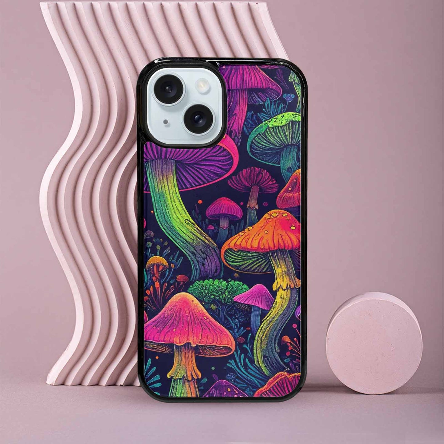 iPhone 15 Case — Mushroom Psychedelic Art Seamless Pattern Vibrant, Custom Print Case Cover