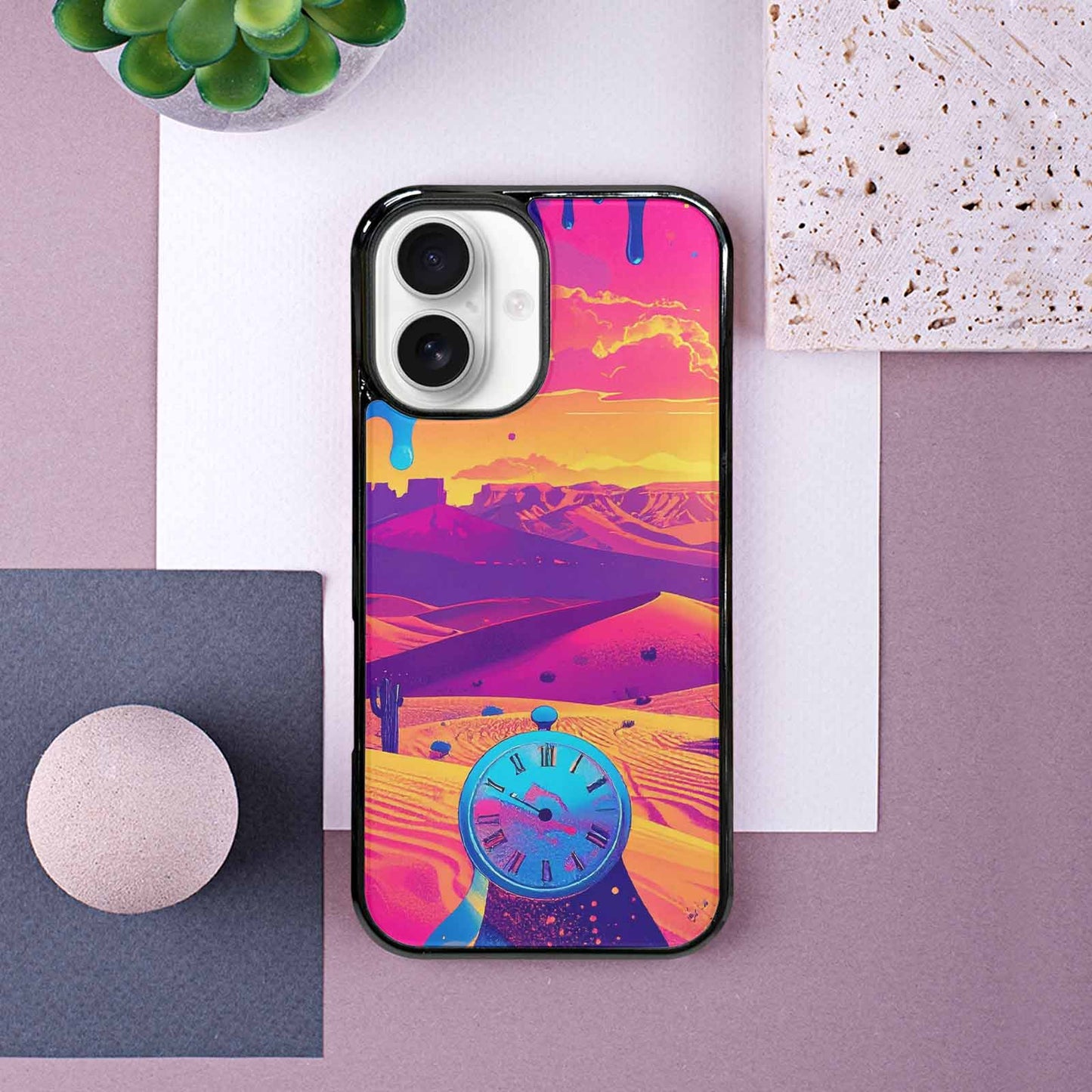 iPhone 16 Case — I Surrealist Dreamscape Pattern Melting Clocks, Customized Protective Case