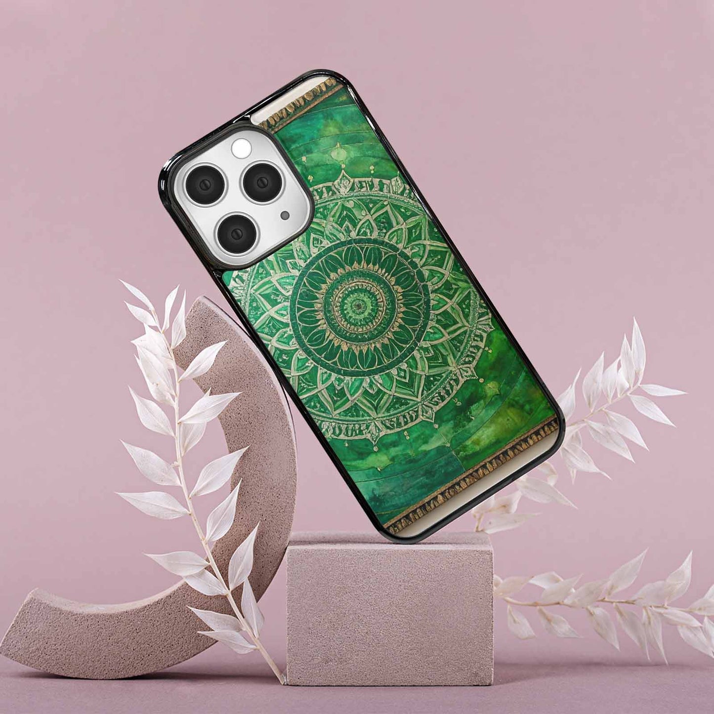 iPhone 15 Pro Max Case — Green Mandala Bohemian Print Edge To, Original Design Phone Case