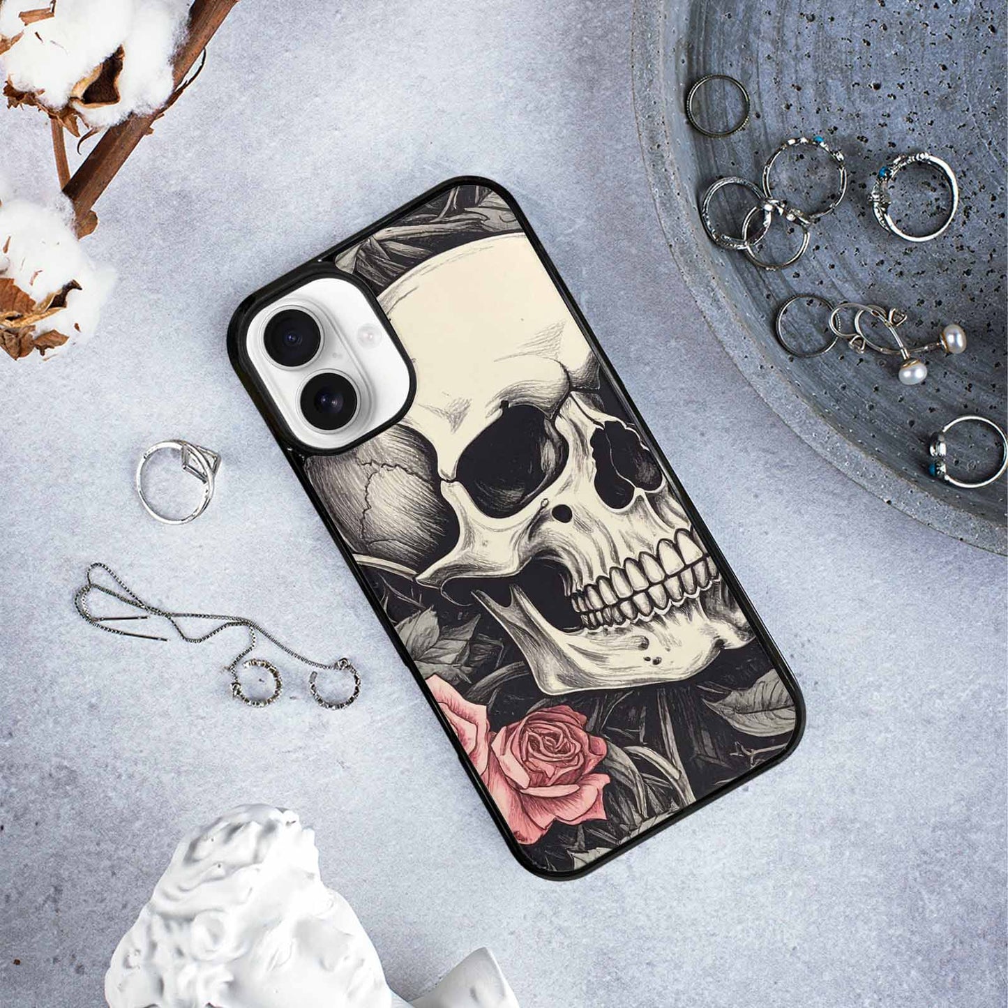 iPhone 16 Plus Case — 20 Skulls Overlapping Seamless Tileable Pattern, Custom Art Phone Cover