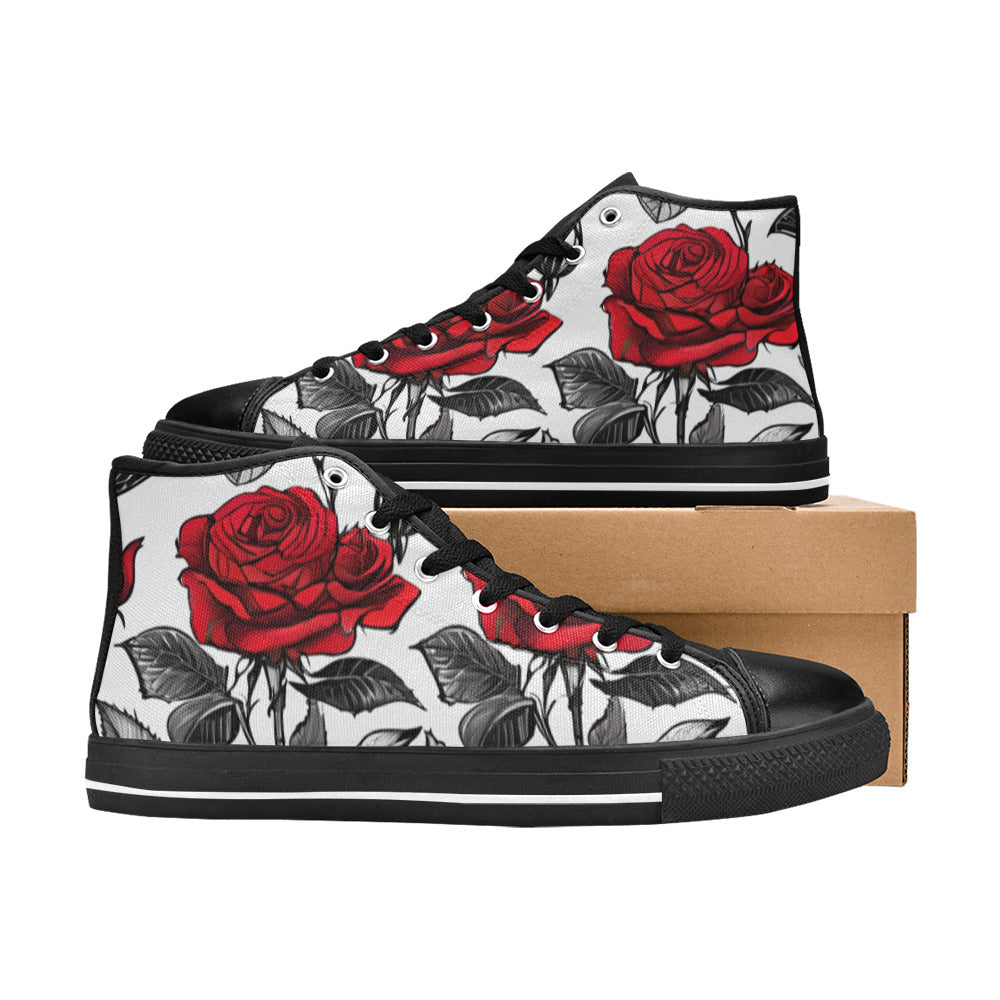 WOMEN'S Red Roses Pen Ink High Top Canvas Neon Fantasy Sneakers