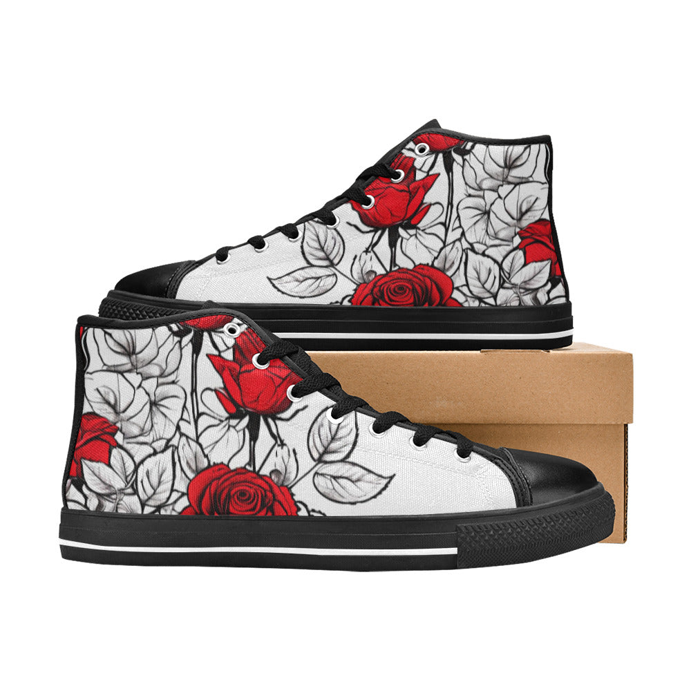 WOMEN'S Art Red Roses Pen High Top Canvas Vivid Custom Sneakers