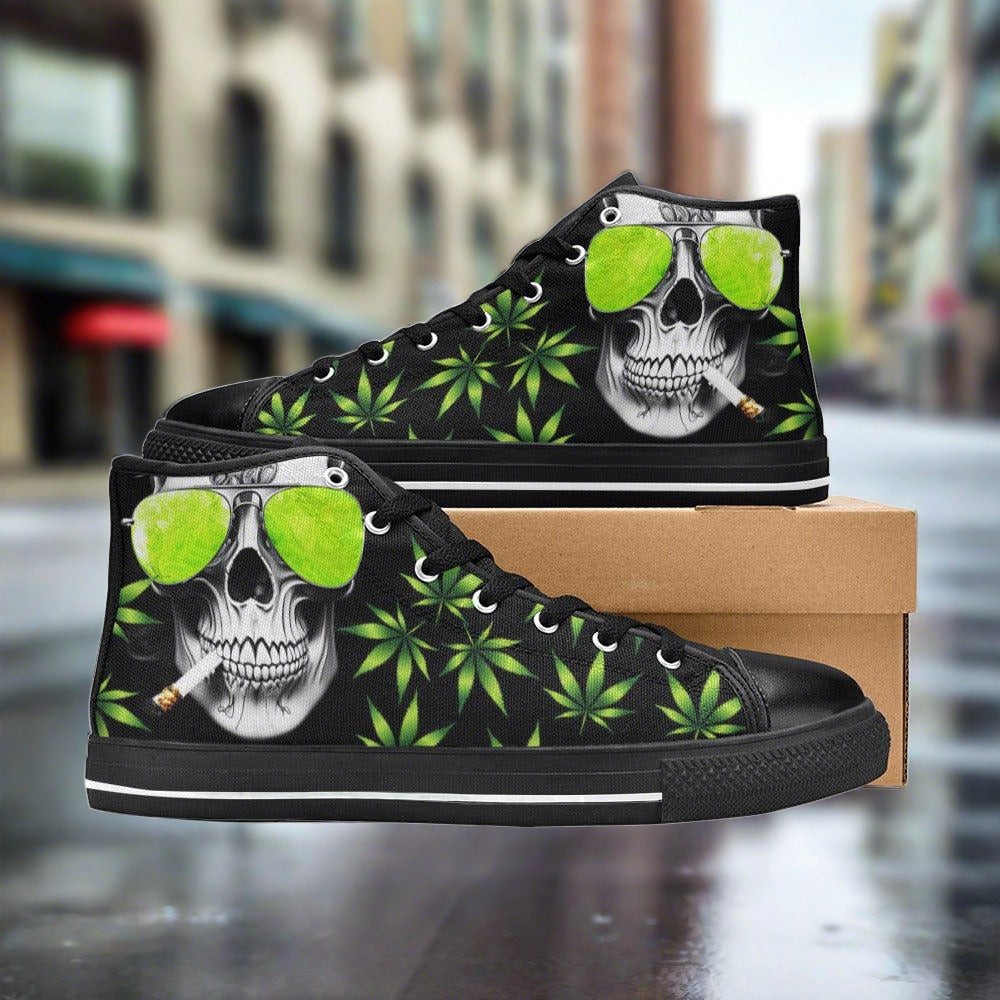 Men's Skull Weed Art hand-made high-top canvas shoes — unique wearable art by Freaky Shoes