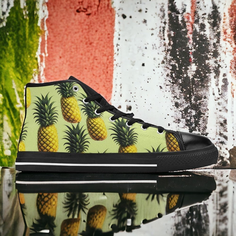 Men's Pineapples Please hand-made high-top canvas shoes — unique wearable art by Freaky Shoes