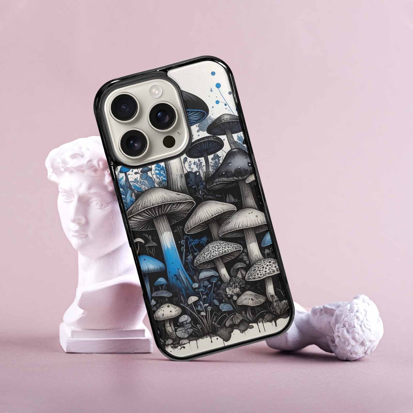 iPhone 16 Pro Case — Mushrooms General Black Blue Ink Mushrooms, Custom Print Case Cover