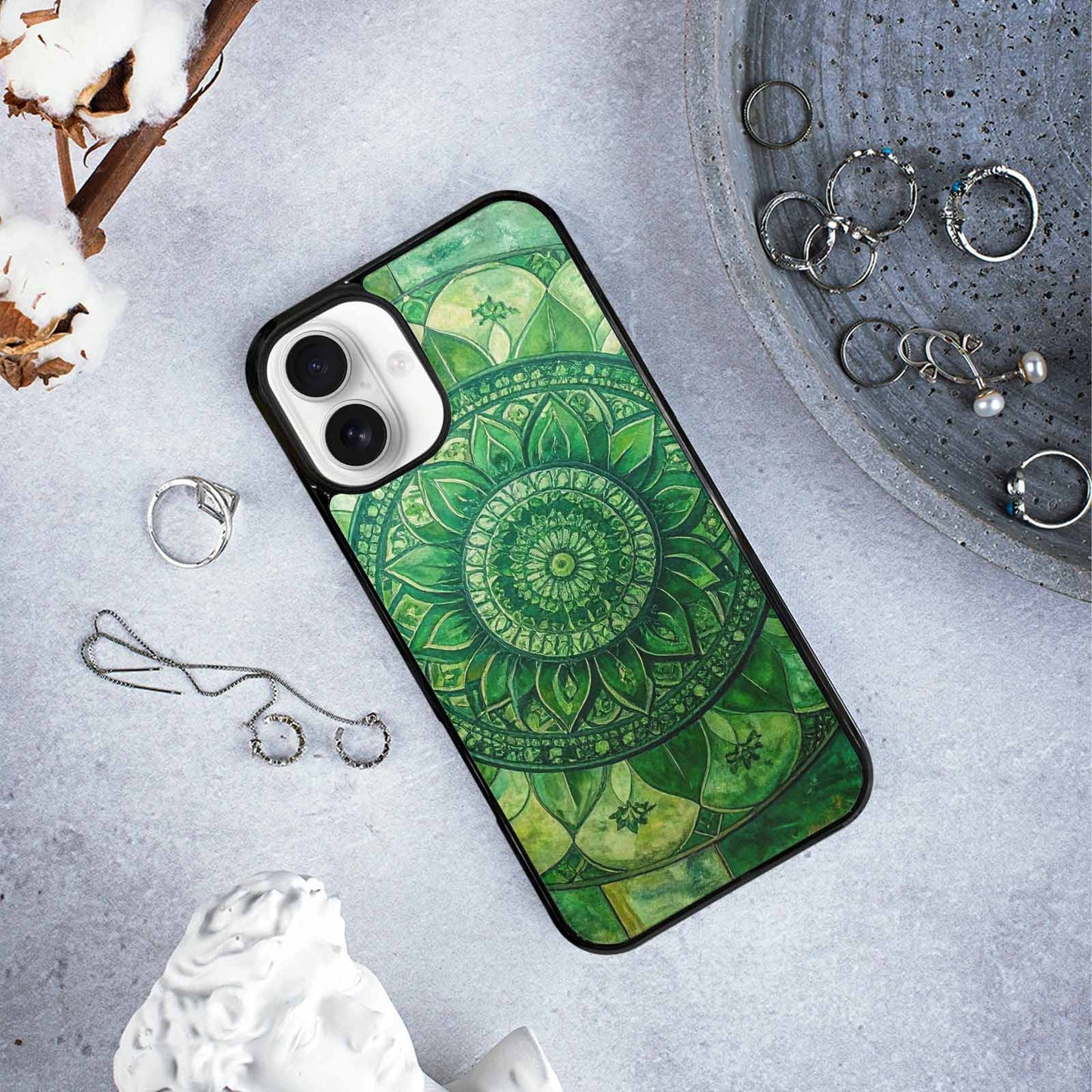 iPhone 16 Plus Case — Green Mandala Bohemian Print Edge To, Custom Printed Phone Case