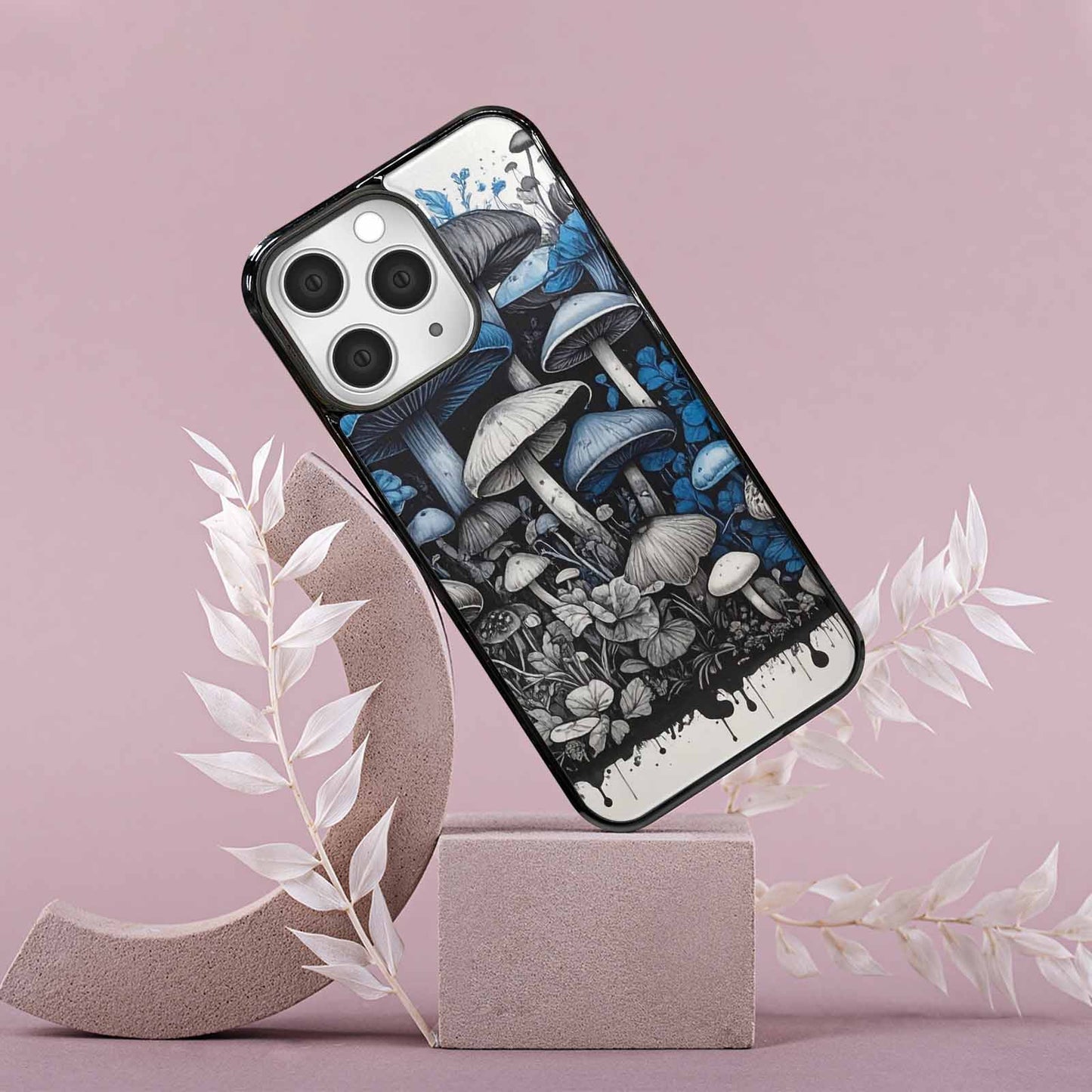 iPhone 15 Pro Max Case — Mushrooms General Black Blue Ink Mushrooms, Custom Designed Case Cover