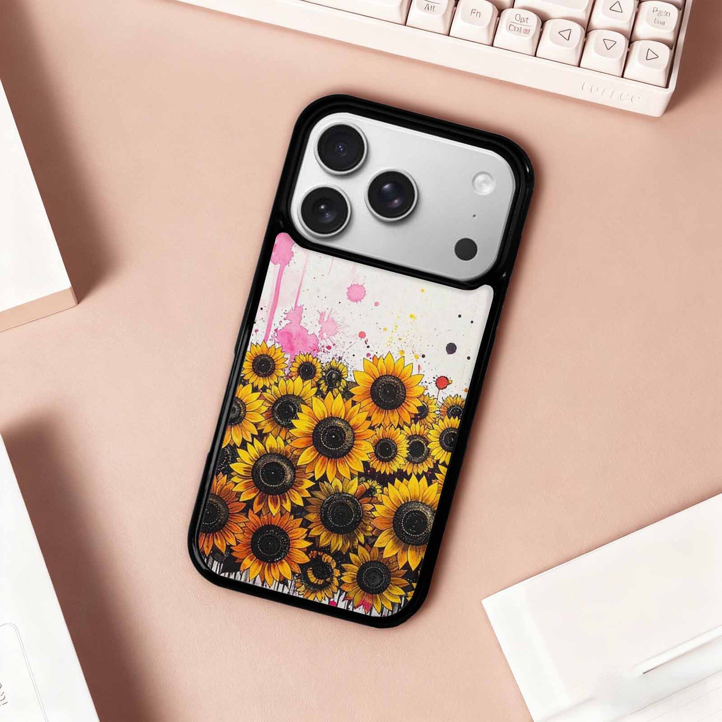 iPhone 17 Pro Case — Sunflower Burst Black Pink Ink Floral, Custom Art Phone Cover