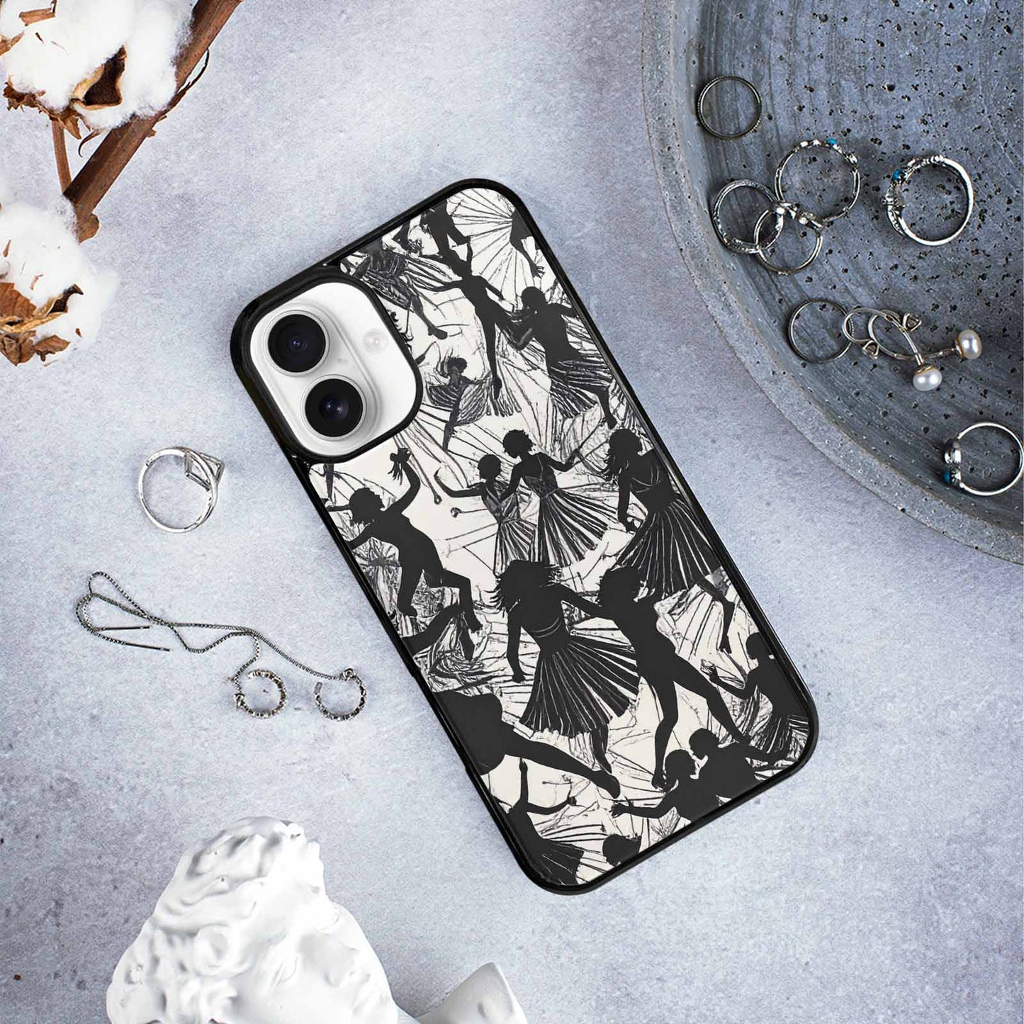 iPhone 16 Plus Case — Bold Dancing Figure Line Art Pattern, Custom Printed Phone Case