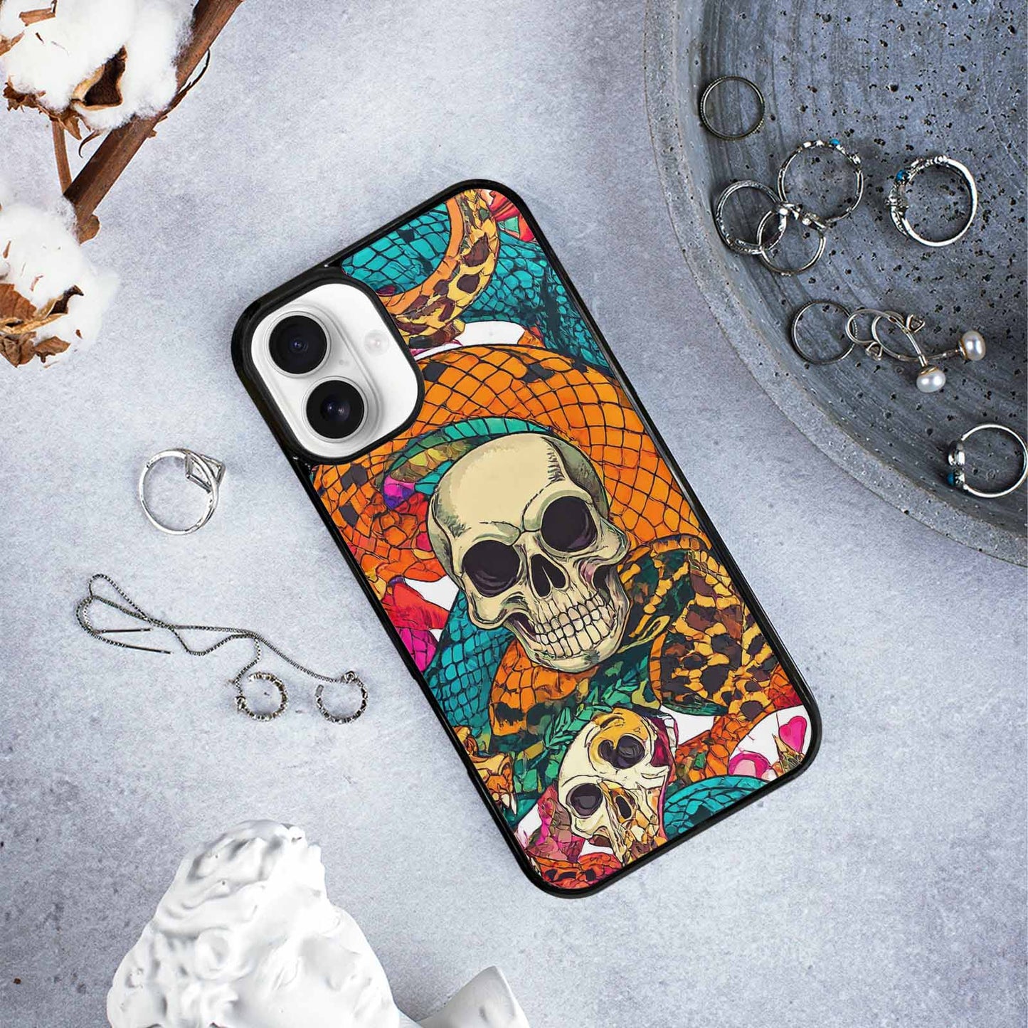 iPhone 16 Plus Case — Snake Print Skull, Unique Phone Case Design