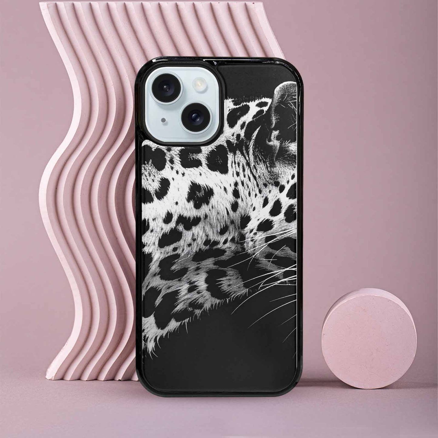 iPhone 15 Case — Leopard Print Black And White Style, Custom Art Phone Cover