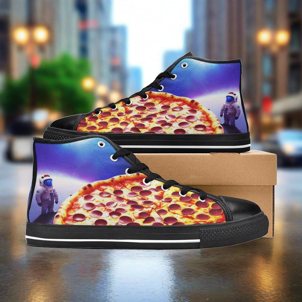 Men's Pizza Space hand-made high-top canvas shoes — unique wearable art by Freaky Shoes