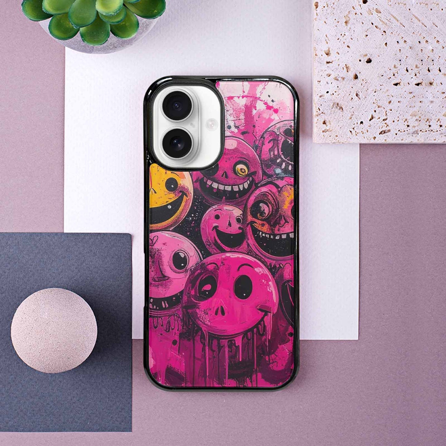 iPhone 16 Case — Melting Moon Smiley Black Pink Ink, Custom Phone Case