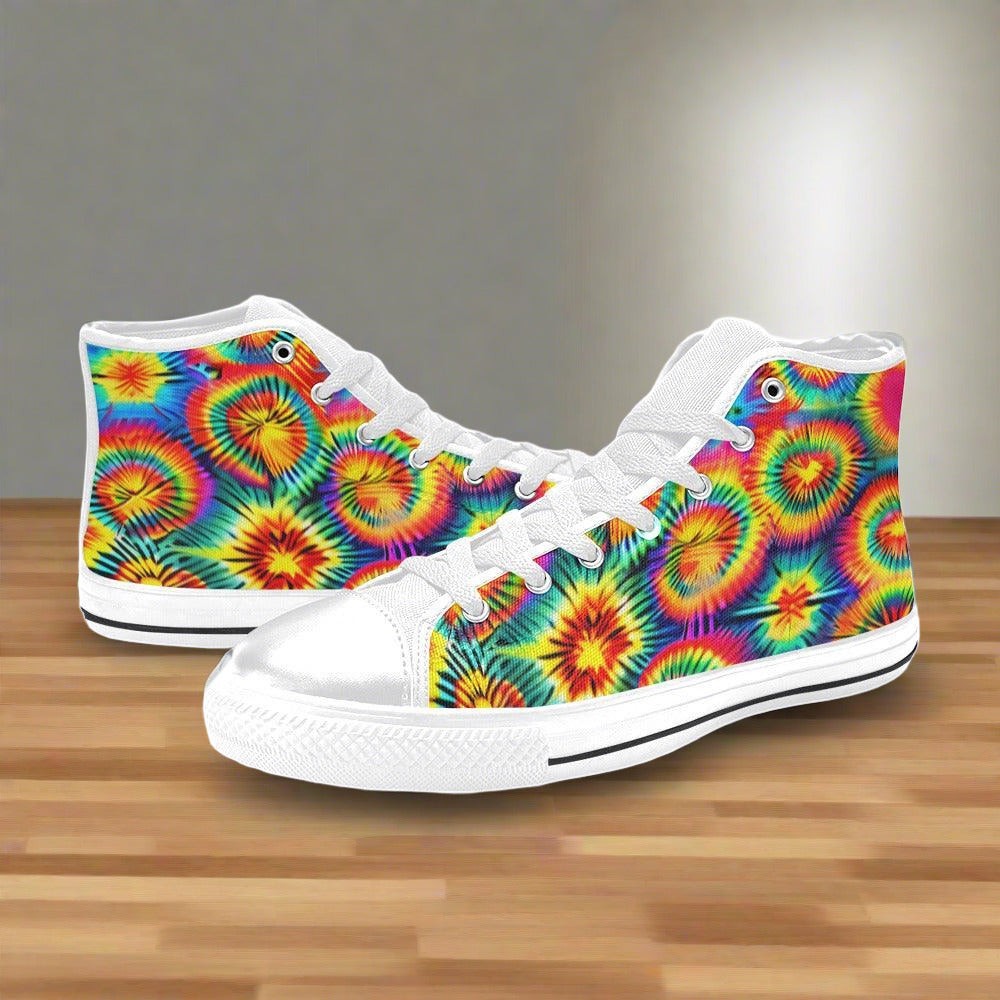 Women's Rainbow Tie Dye hand-made high-top canvas shoes — unique wearable art by Freaky Shoes