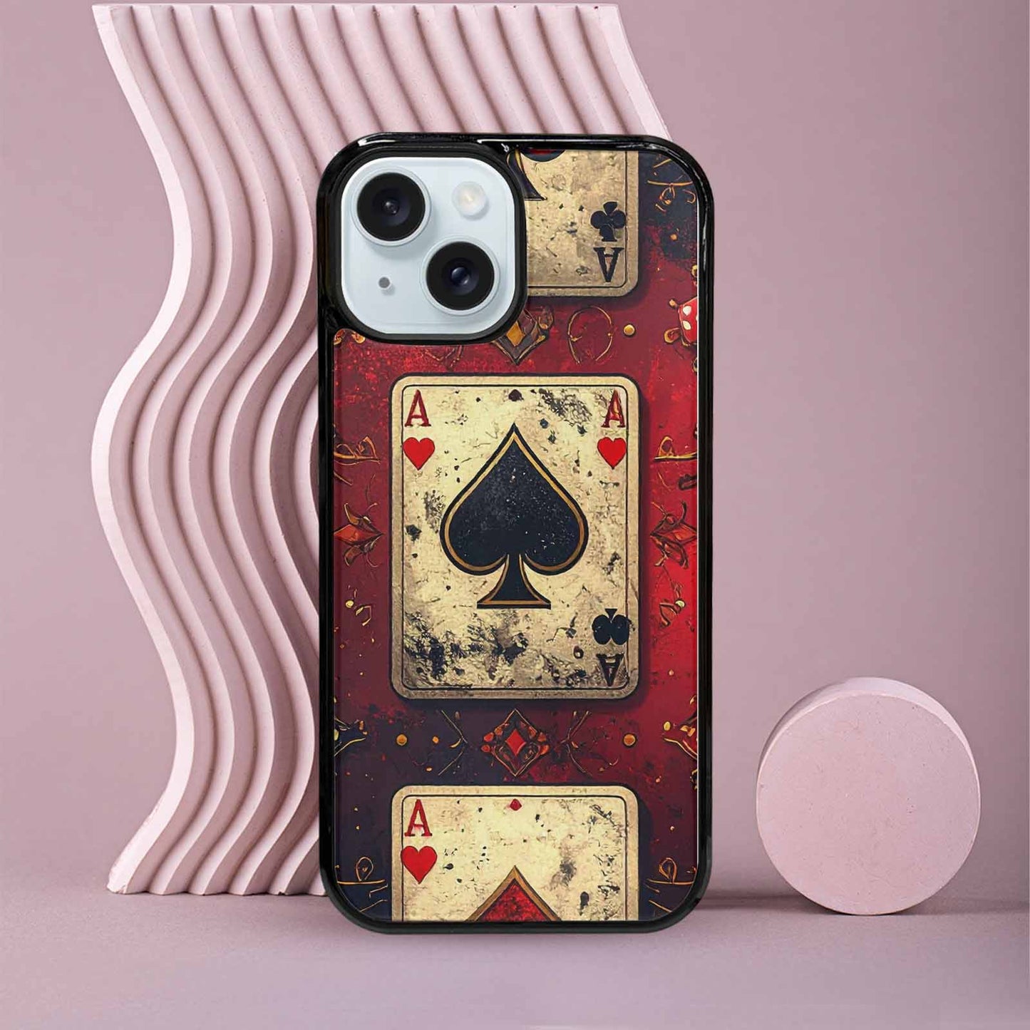 iPhone 15 Case — Playing Card Suits Pattern Poker Chips, Custom Printed Phone Case