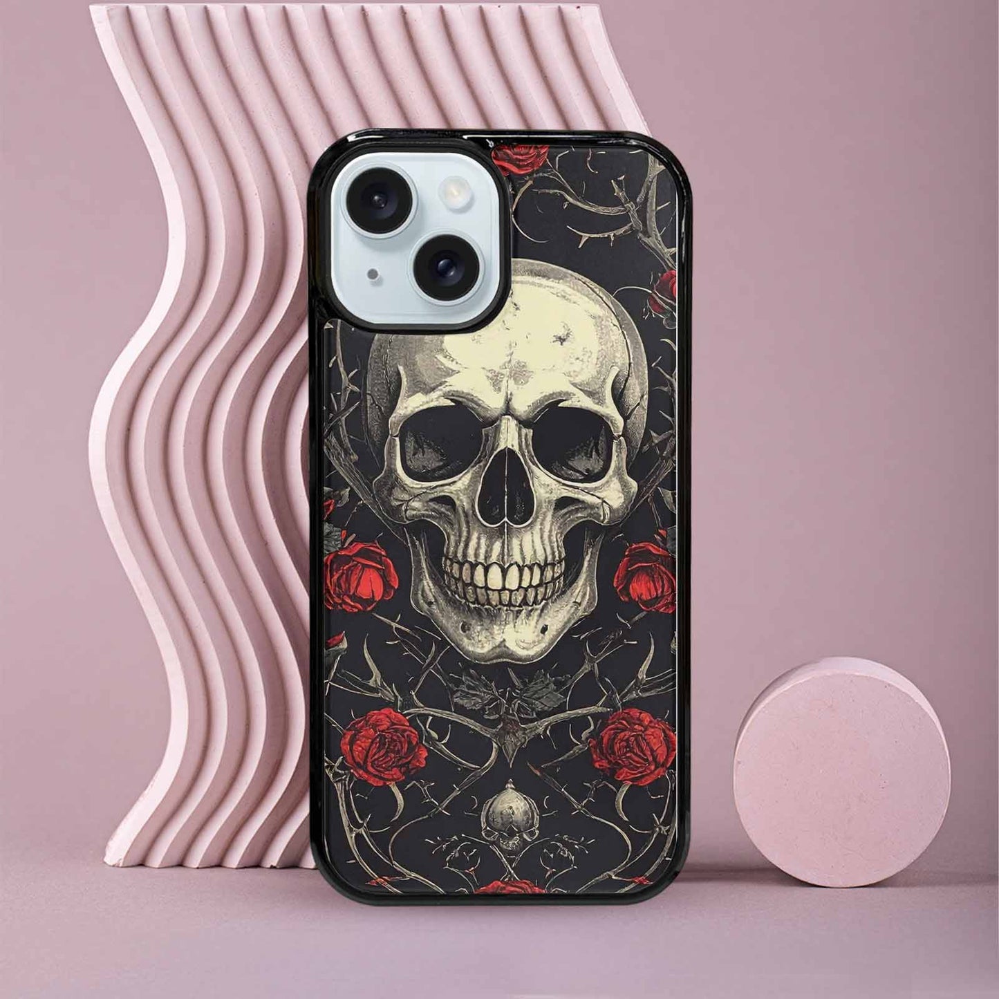 iPhone 15 Case — Gothic Skulls Roses Custom, Custom Printed Phone Case